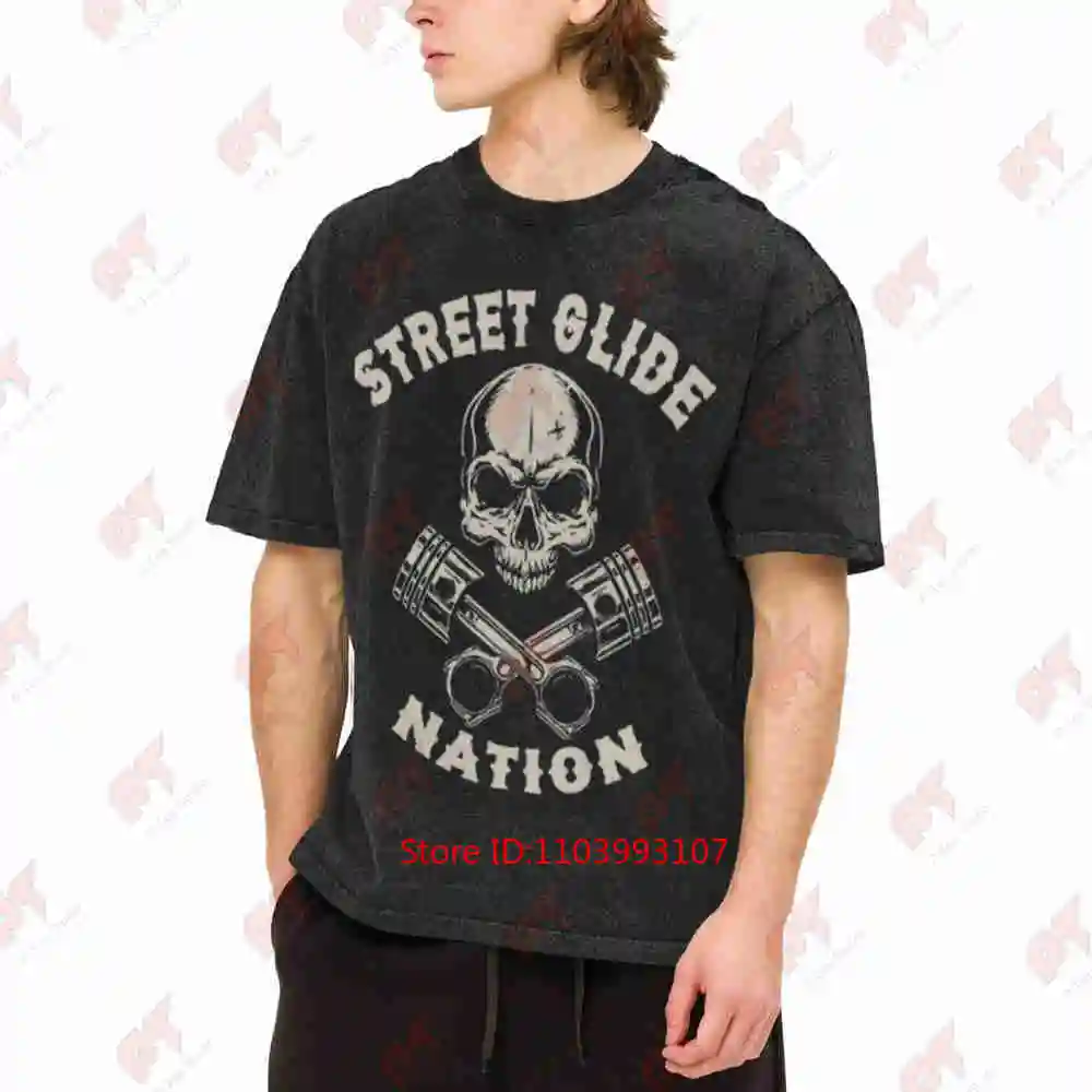 Street Glide Nation Skull Wrench Vintage Washed Tee Pure Cotton T-Shirt