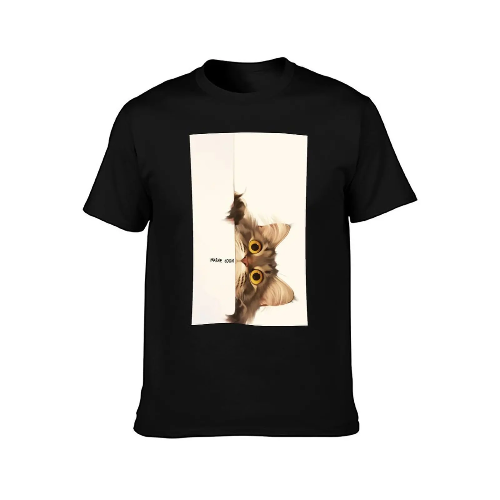 Peekaboo Maine Coon Cat T-Shirt, Summer Casual Cotton Tee, Oversized Streetwear Tops, Vintage Graphic Print, Unisex Men Women