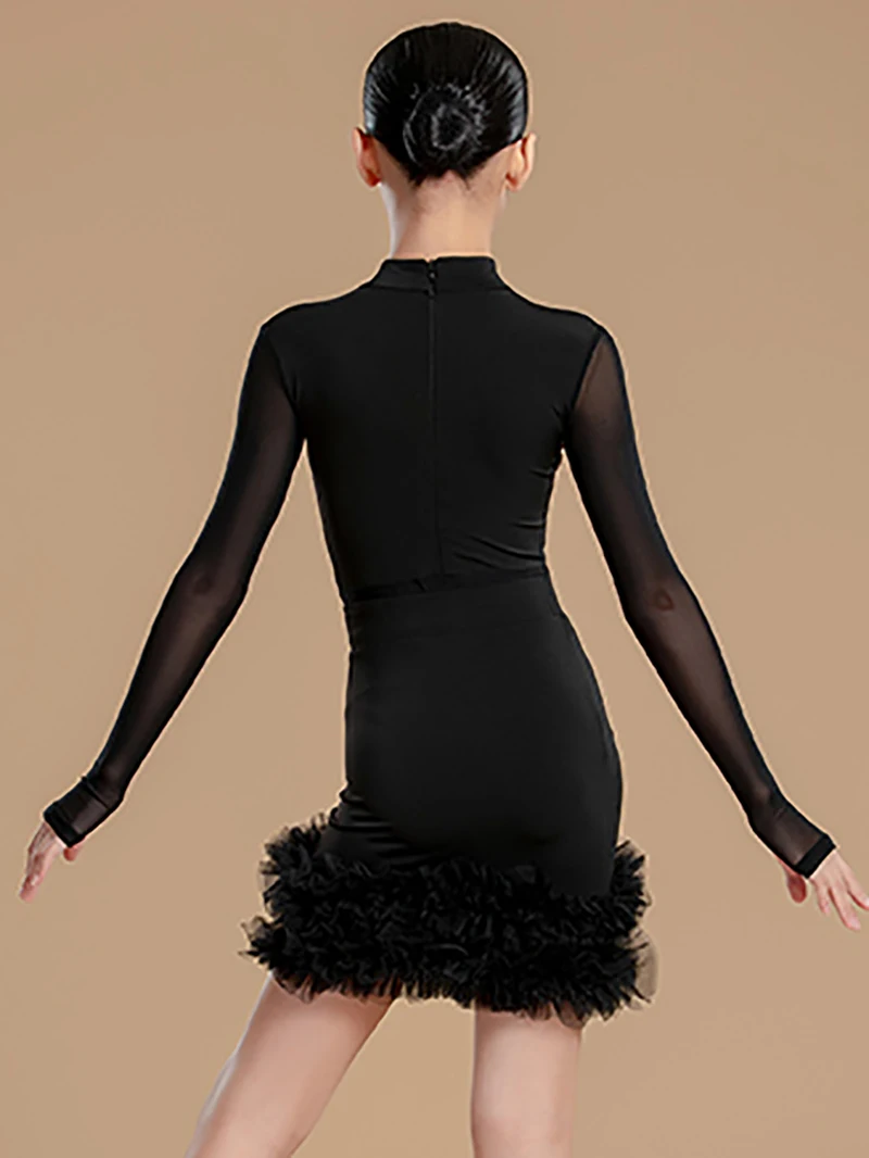 Body à manches longues en maille imprimée noire et jupes de danse à volants pour enfants filles, Costume de concours de danse latine de valse, vêtements de danse