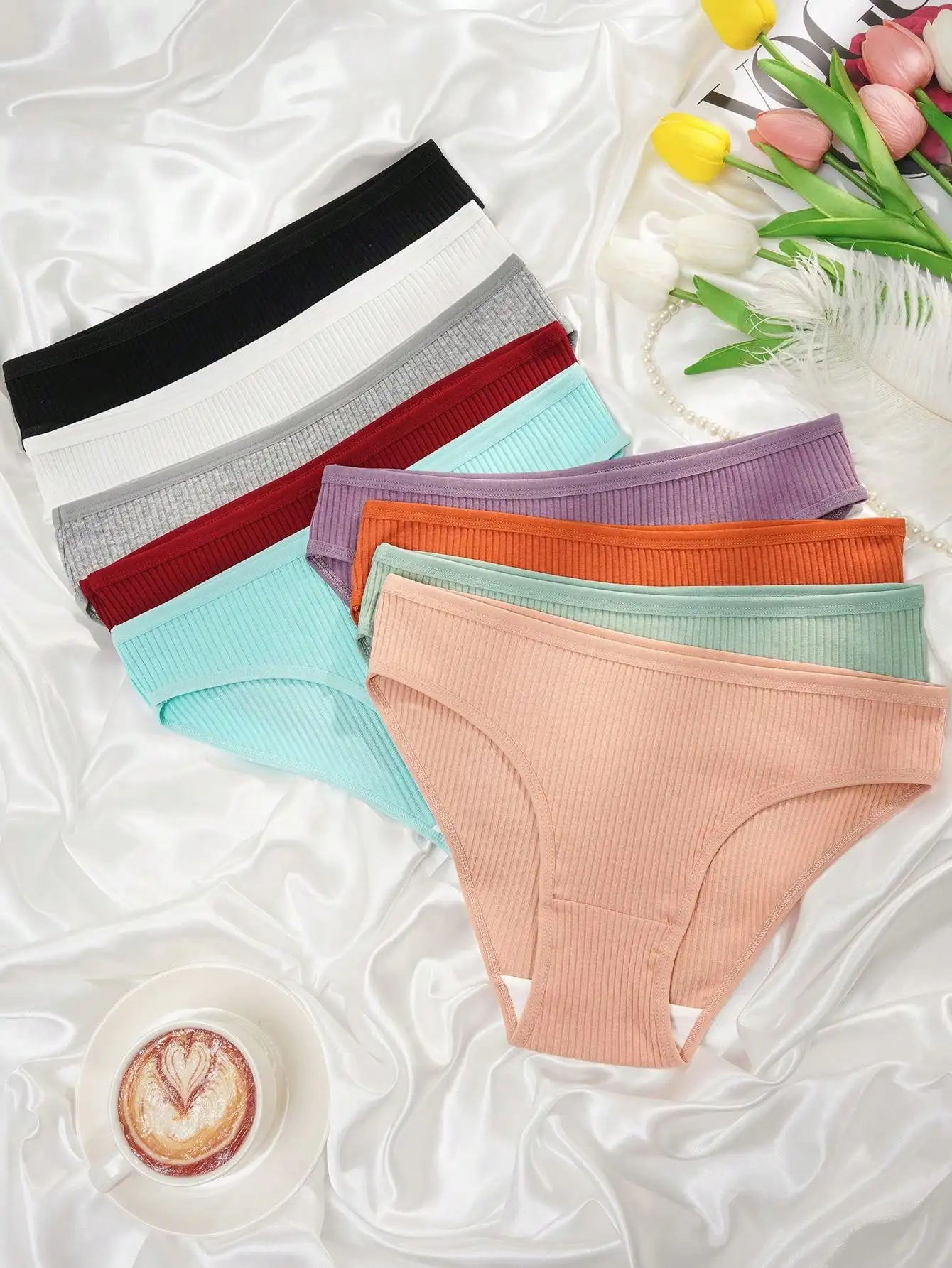 9Pcs Vertical Ribbed Cotton Women Bikini Panties Mid Rise High Elastic Breathable Soft Briefs Pure Cotton Antibacterial Crotch L