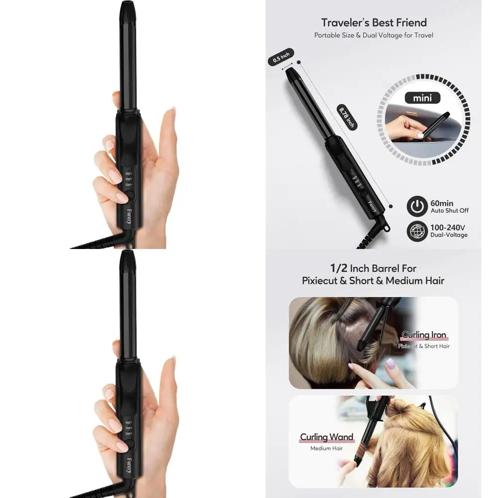 

Half-Inch Ceramic Travel Curling Iron, 3-Temp Settings, Keratin & Argan Oil Infused, Auto-Off, for Short Hair