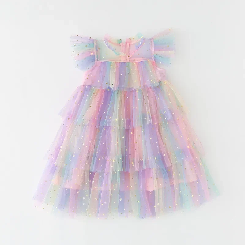 2023 Summer New Girl Party Dress Rainbow Sequin Birthday Princess Costume per bambini Baby Holiday Beach Bathing Mesh Cake Clothes