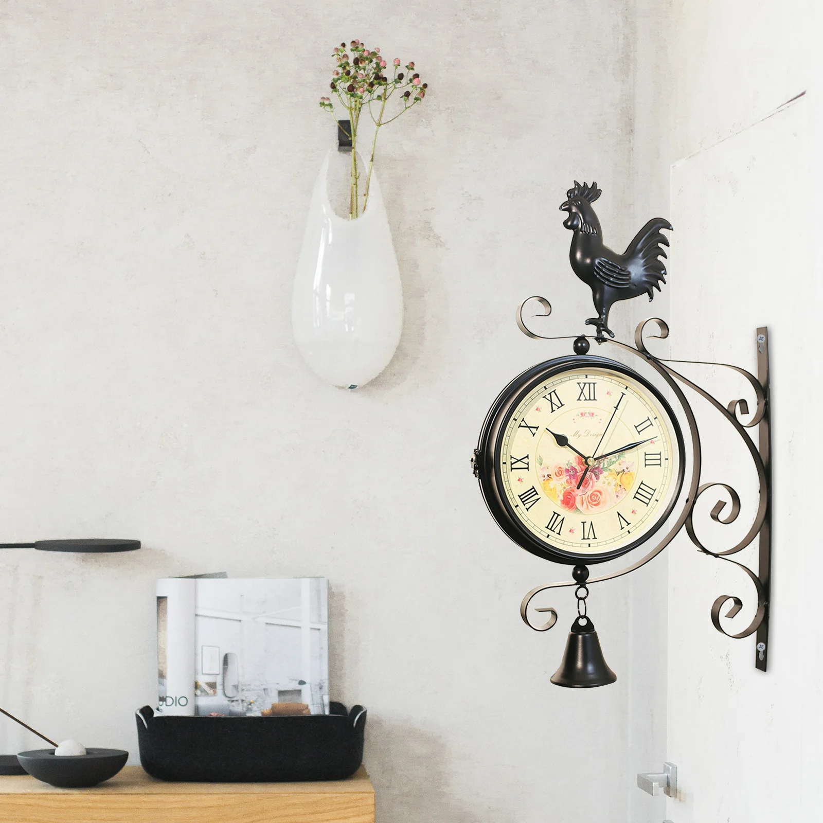 

1Pcs Vintage Wall Hanging Clock Metal Decorative Clock with Silent Mechanism Double Sided Design for Cafe Hotel Bar Interior