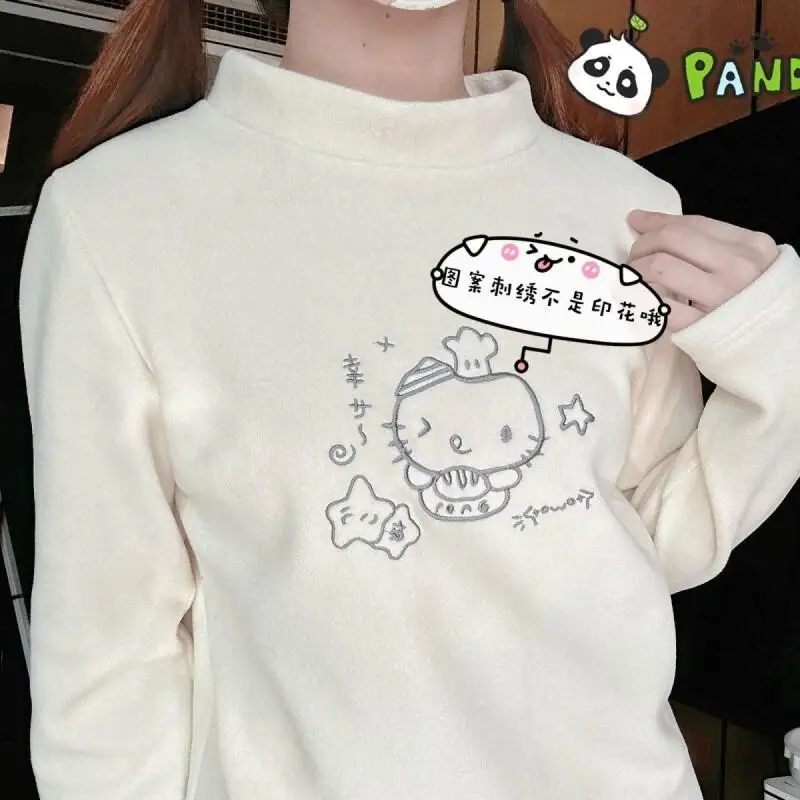 헬로키티 하이넥 일본 스타일 부드러운 벨벳 귀여운 스윗 캣 새로운 다용도 자수 긴팔 기본 티셔츠 탑 가을