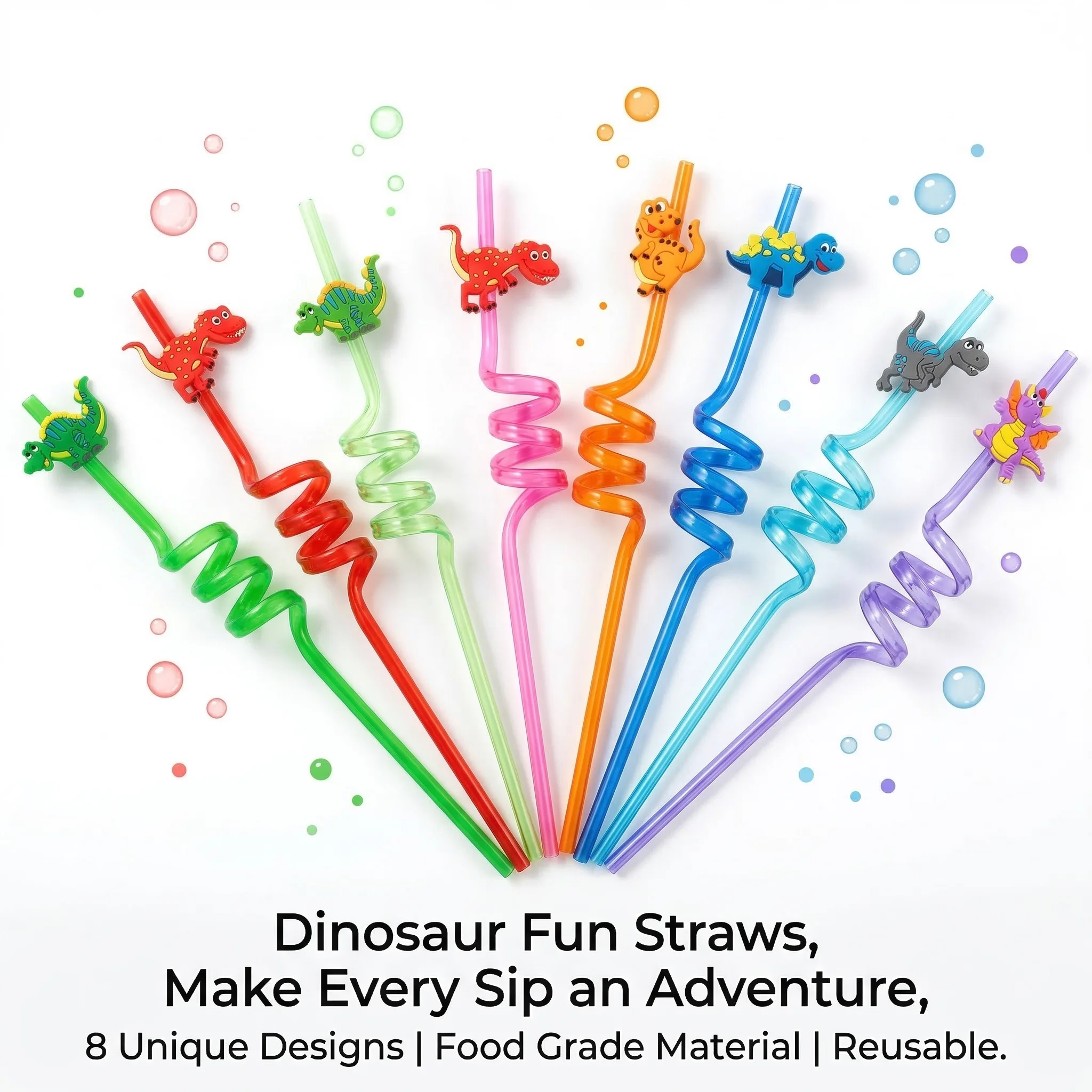 

8 PCS Dinosaur Gift Pack Straw Accessories Cartoon Patch Art Design Birthday Party Cute Spiral Creative Straw Party Small Gifts