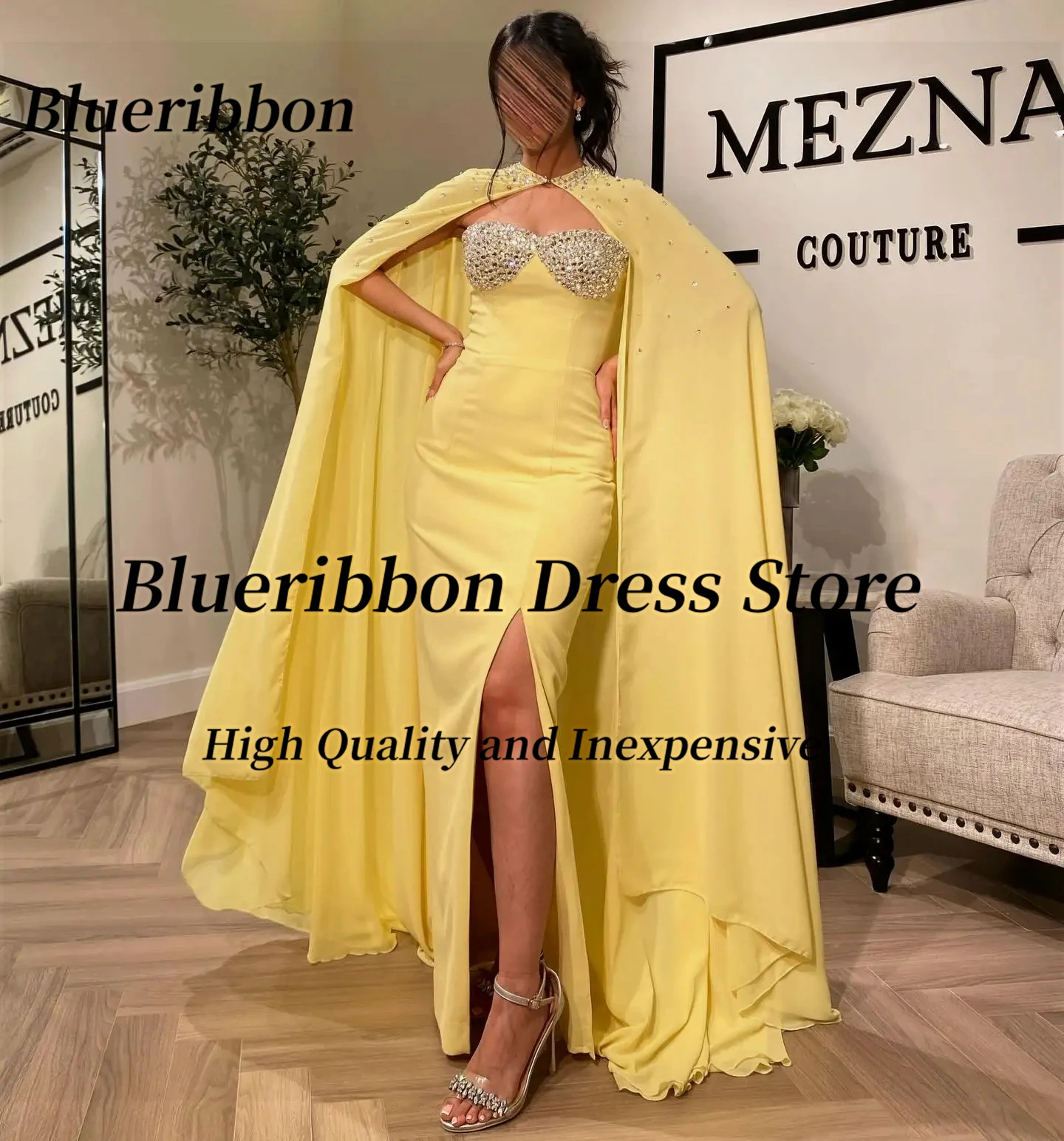 

Blueribbon Yellow Prom Dresses Mermaid Side Slit Women Wear Evening Dress Sweetheart Beaded Wraps Dubai Party Saudi Arabia Women