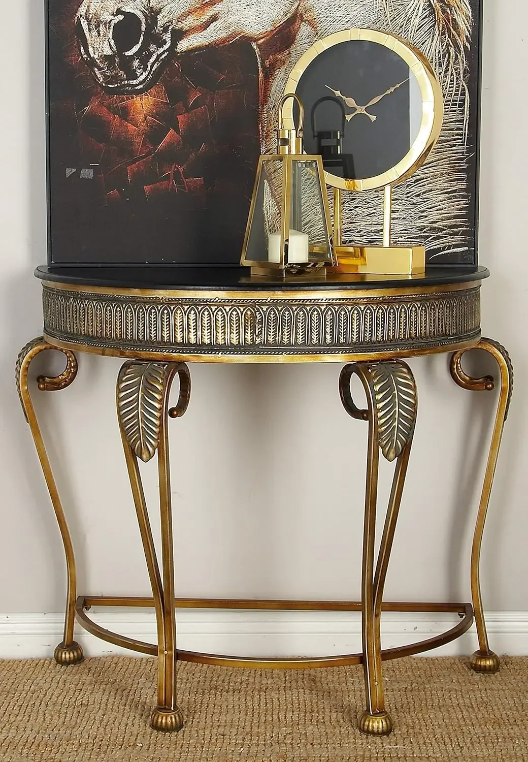 Metal Half Moon Console Table with Ornate Scroll Legs, 41