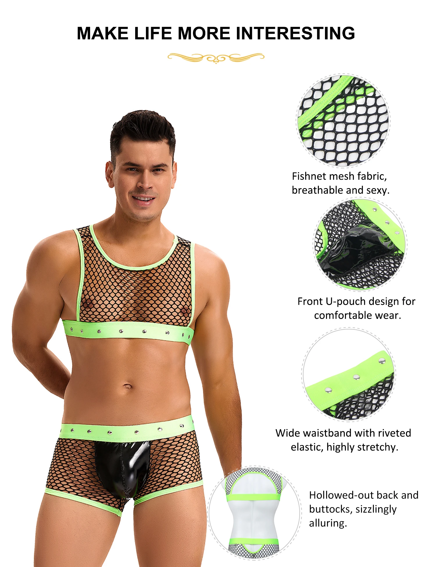 Erotic Lenceria Sexy Lingеrie Set Fetish Mens Pajama Sets Plus Size Matching Sets Green Sissy Hollow Out Fishnet Sleepwear Homme