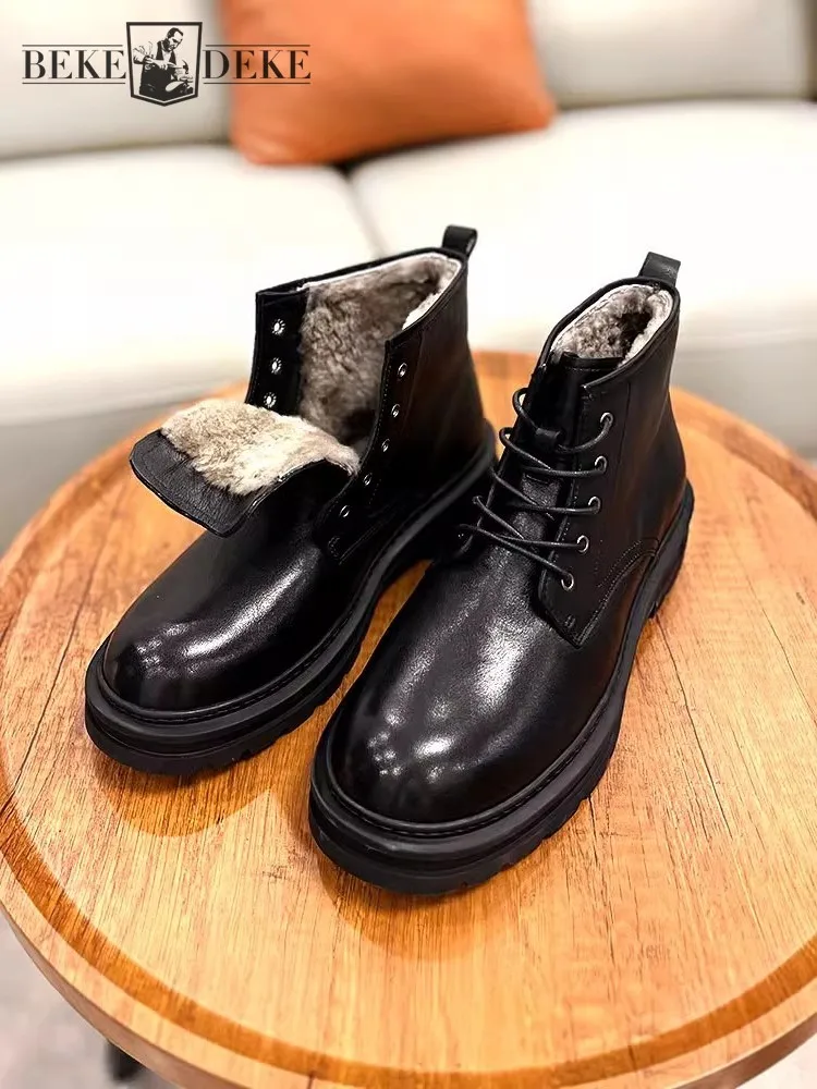 

Зимние мужские полусапожки из натуральной кожи с толстой теплой шерстяной подкладкой, нескользящие повседневные мотоциклетные высокие ботинки на шнуровке, большие размеры 45,