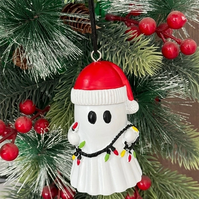 

Halloween Resin Mini Ghost Ornament With Christmas Hat Creative Hanging Decoration Spooky Party Festival Home Decor