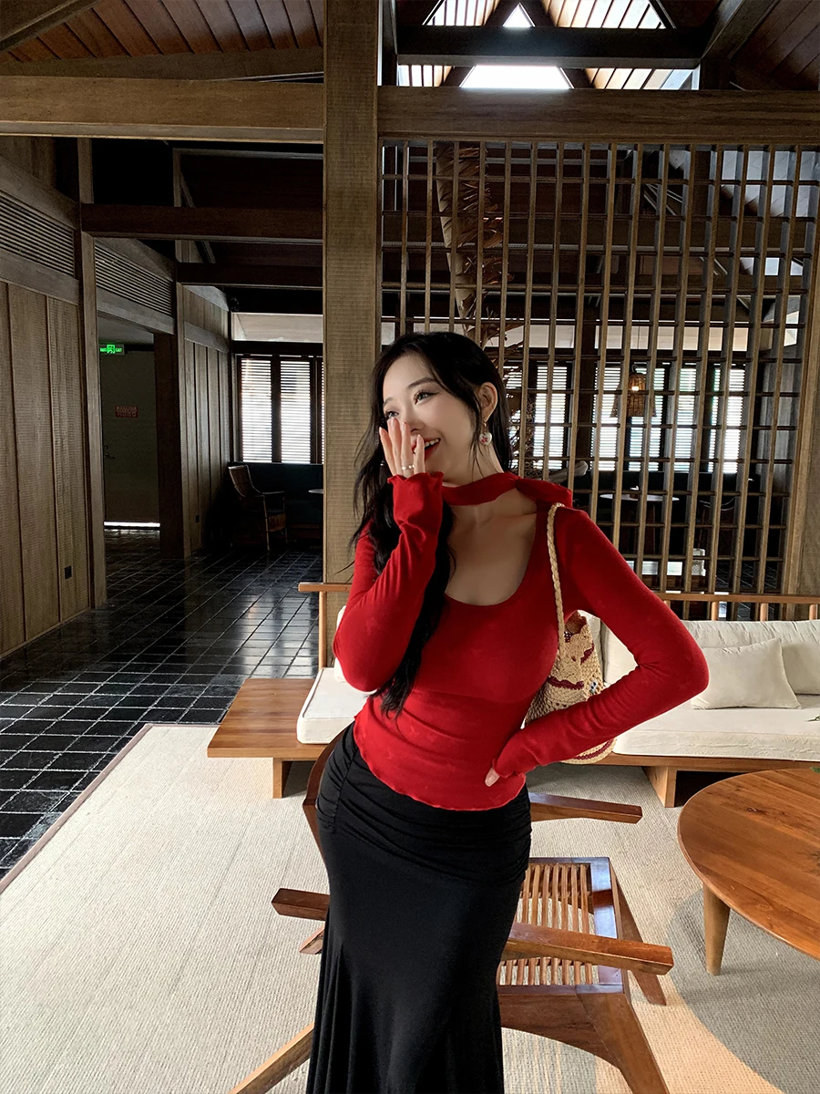 

Miss Hera Cherry Knitted Me Top Women's round Ne Splice Binding Flower Pring Knitted Wear Polyester Cotton V...