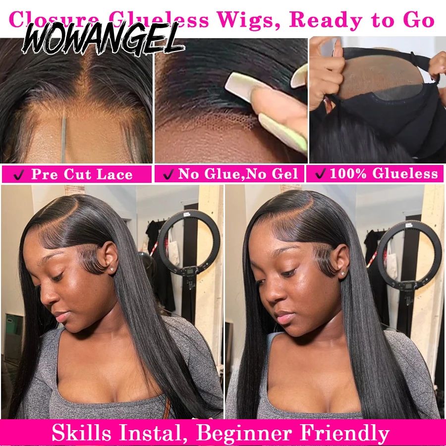 WOWANGEL Pre Cut 9x6 HD Lace Closure Wigs Straight Glueless Wigs Human Hair Skins Melted Ready To Go Deep Parting Brazilian Hair