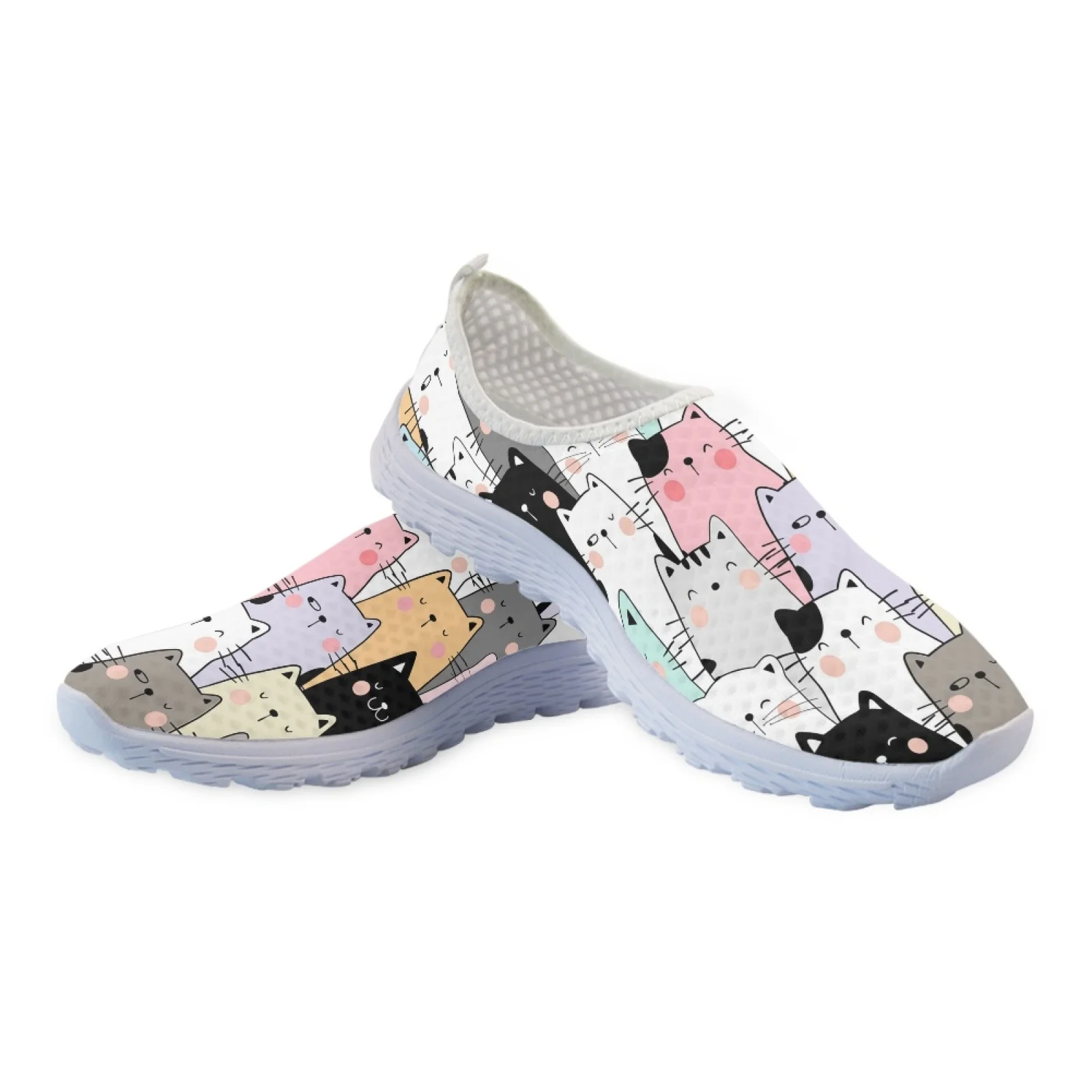 INSTANTARTS Cartoon Cat Designer Brand Slip-on Shoes Hand-painted Cat Print Loafers Women\'s Casual Breathable Mesh Shoes Zapatos