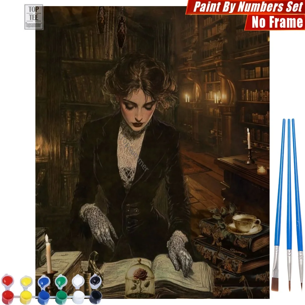 

Gothic woman library Paints By Numbers Kit - Mysterious vintage reading Wall Art Decor Halloween Gift For Mom