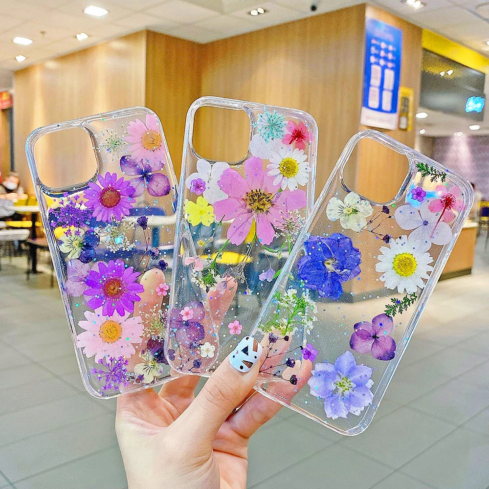 Dried Flower Glitter Silver Foil Transparent Phone Cases For iPhone 15 14 13 12 11 Pro Max XS XR X 7 8Plus Soft Protective Cover