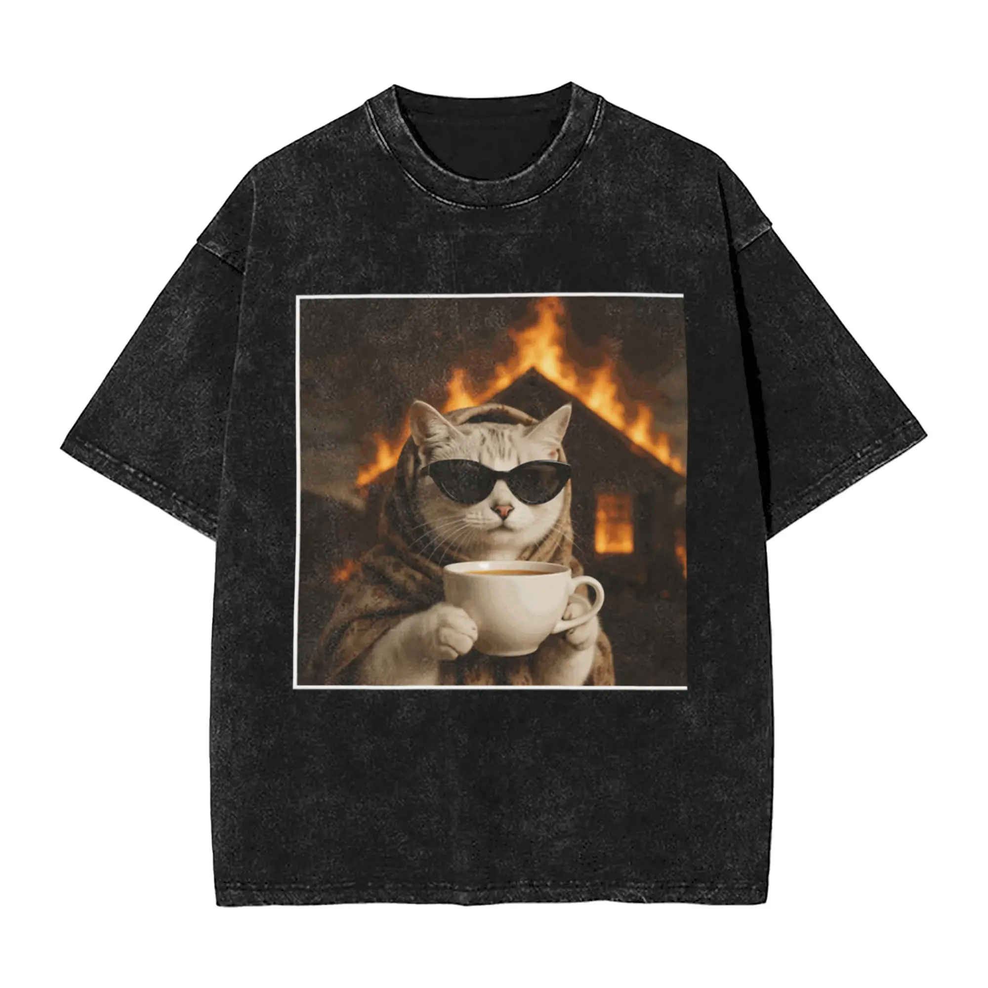 Funny Calm Cat Wearing Sunglasses and Drinking Coffee While the House Burns Unique A Vintage Oversized Cotton Unisex T-Shirts