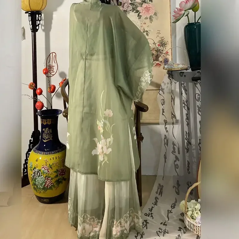 Hanfu rok kostum gaya tradisional Tiongkok, Gaun wanita gaya tradisional Tiongkok, Rok kostum performa, lengan panjang leher persegi panjang lantai hijau Dinasti Tang