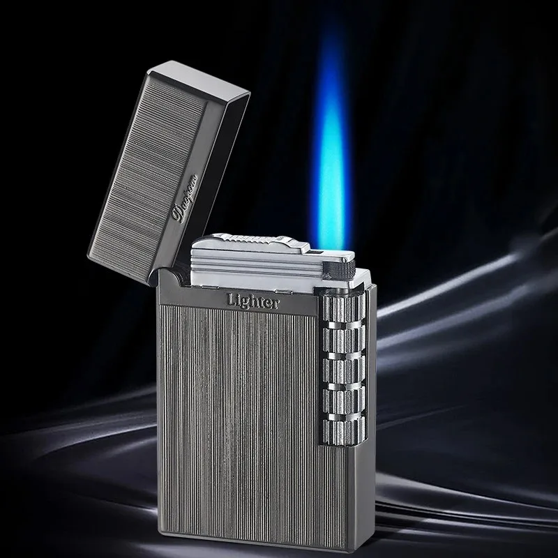 2024 Mini Classic Steel Tone Rumble Straight Metal Lighter Men\'s Gift Blue Flame Flint Lighter Smoking Accessories