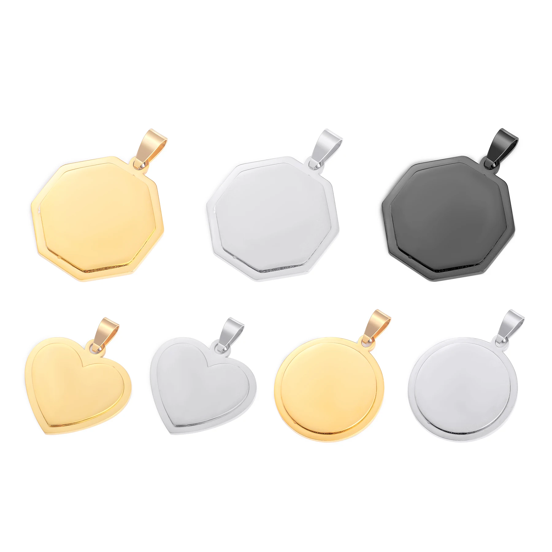

Wholesale 4Pcs Stereoscopic Round Octagon Heart Tags Stainless Steel Mirror Polished ID Pendant Unisex Jewelry