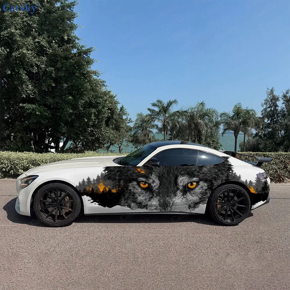 2pcs Forest Wolf Eyes Double Vision Car Side Wraps, Self-Adhesive PVC Waterproof & Scratch-Resistant Sticker, Car Accessory Gift