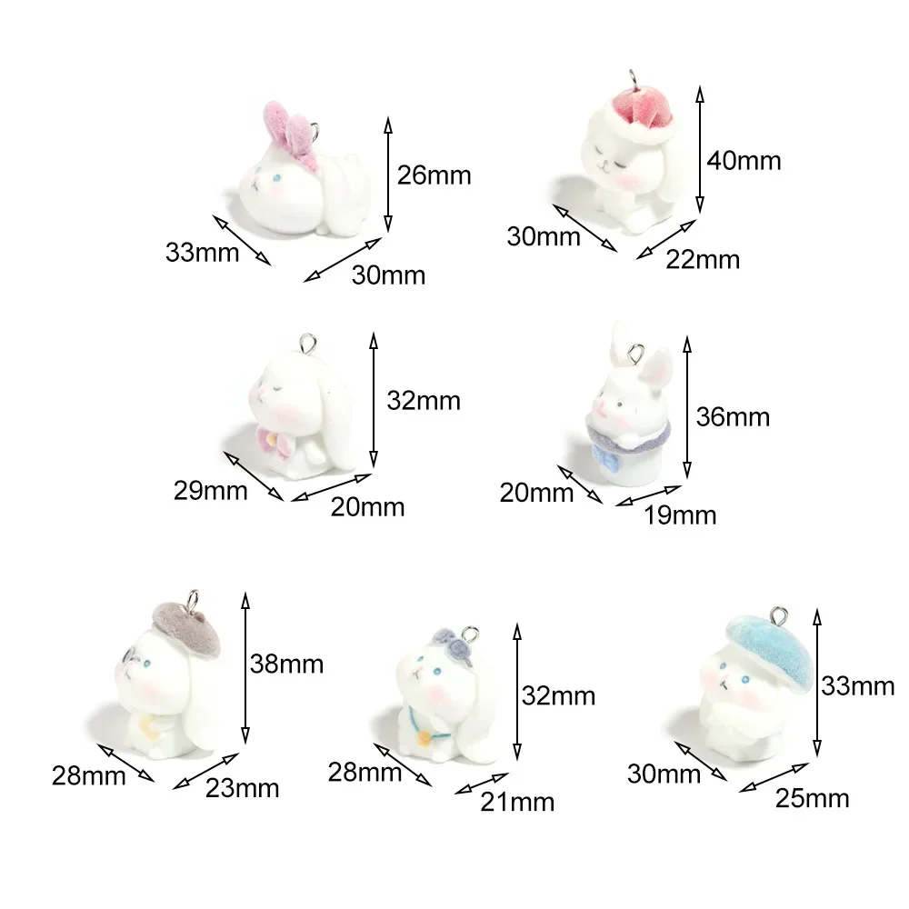 30Pcs 3D Cartoon Flocked Rabbit Charms Cute Animal Resin Pendant  Earring Phone Keychain Accessories for DIY Crafts Jewelry Make