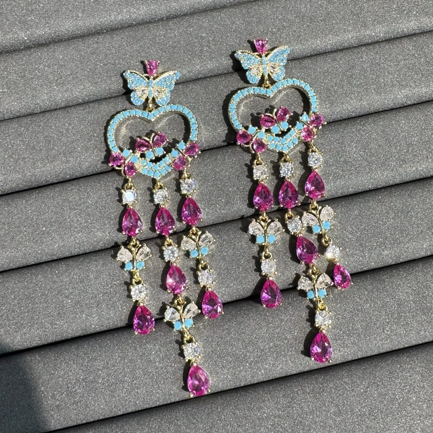 

cubic zirconia earrings for women long jewelry butterfly heart teardrop dangling earrings colorful fushia blue pink