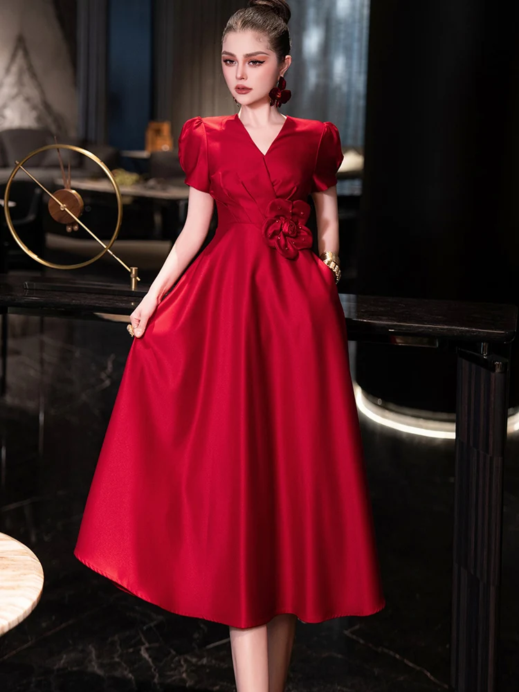 

JUNLINNA Party Holiday Dress Spring Summer Women Runway Sliming Vestidos V Neck Short Sleeve Appliques Flower Expansion