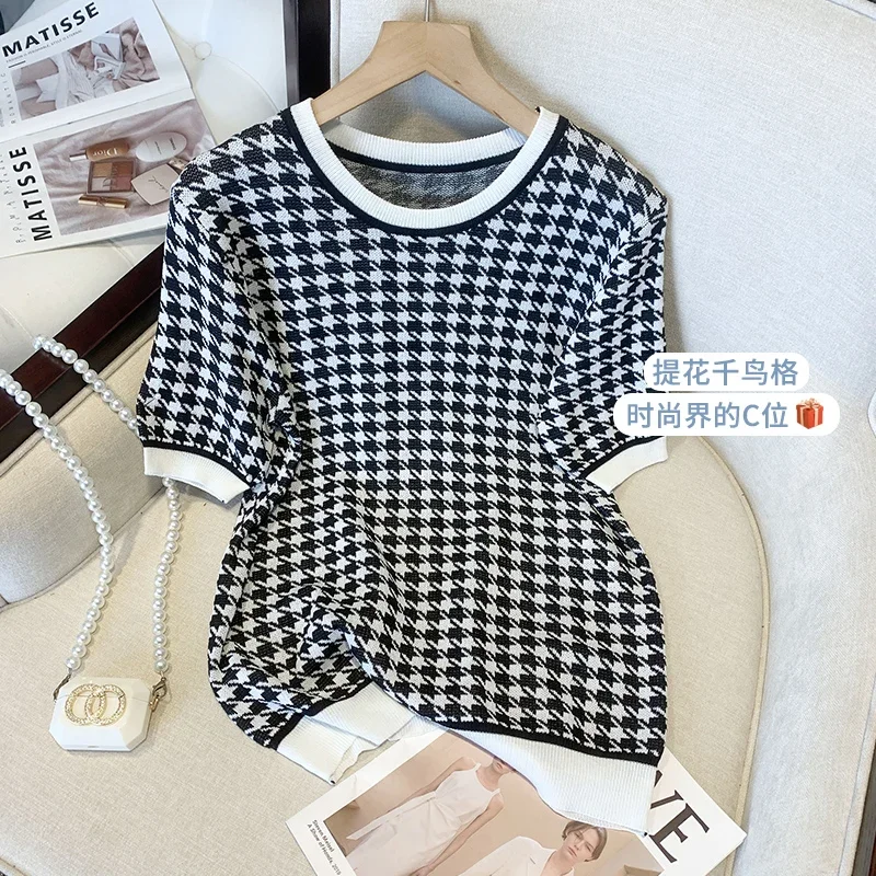 Office Ladies Fashion Short Sleeve Knitted T-shirts Women Houndstooth Jacquard Top Y2K Clothes Summer Casual Slim Basic Pulovers