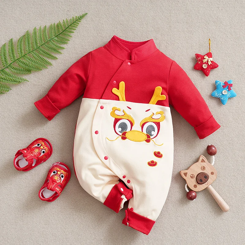 Spring And Autumn Boys And Girls\' Chinese Style Dragon Embroidery Cotton Comfortable Long Sleeve Baby Bodysuit