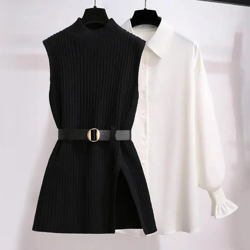 2023 Spring and Autumn Women\'s Set Solid Color Sleeveless Sweater Vest Shirt Long Sleeve Belt Fashion Casual Two Piece Set