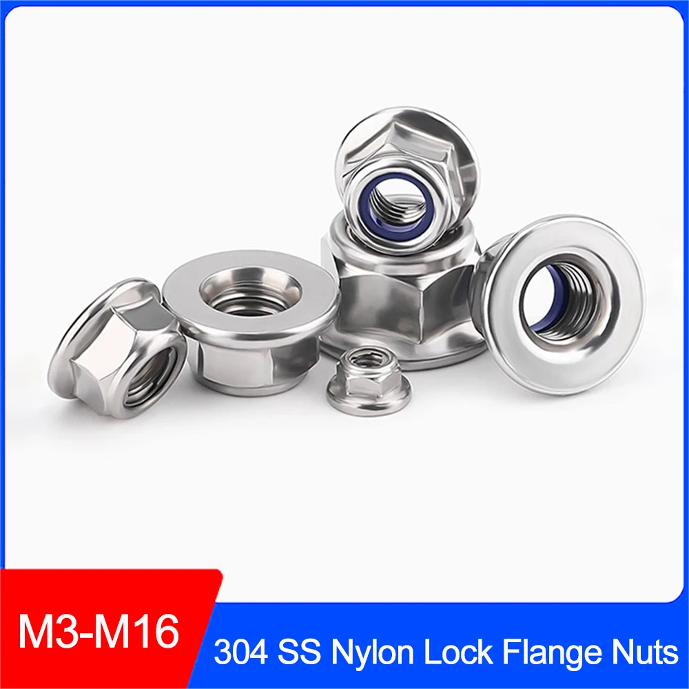304 Stainless steel Hexagon Flange Locknut Nylon Hex Flange Flat Nut Insert Lock Nuts Self-locking M3 M4 M5 M6 M8 M10 M12 M16