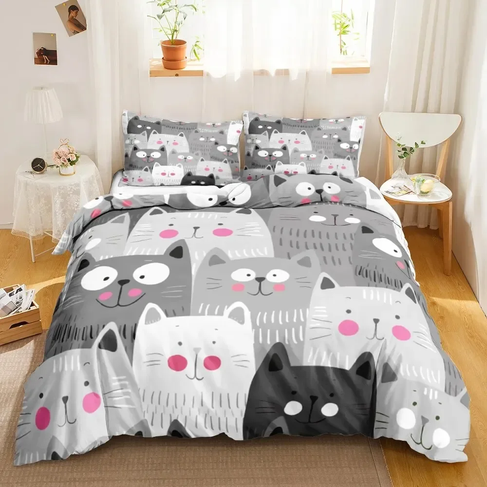 Cat Cartoon Cute Kitten Bedding Set Boys Girls Twin Queen Size Duvet Cover Pillowcase Bed Kids Fashion Home Textileextile