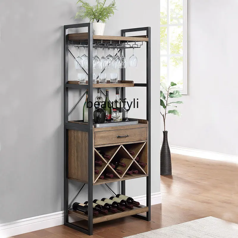 American-Style Solid Wood Wine Cabinet Iron Wall-Mounted Home Living Room Sideboard Cabinet Vintage Wine Rack Cabinet