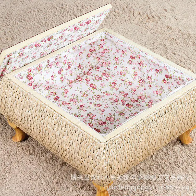 bay window small tea three-piece set straw woven tatami Japanese zen short kang storage square table rattan balcony tea table