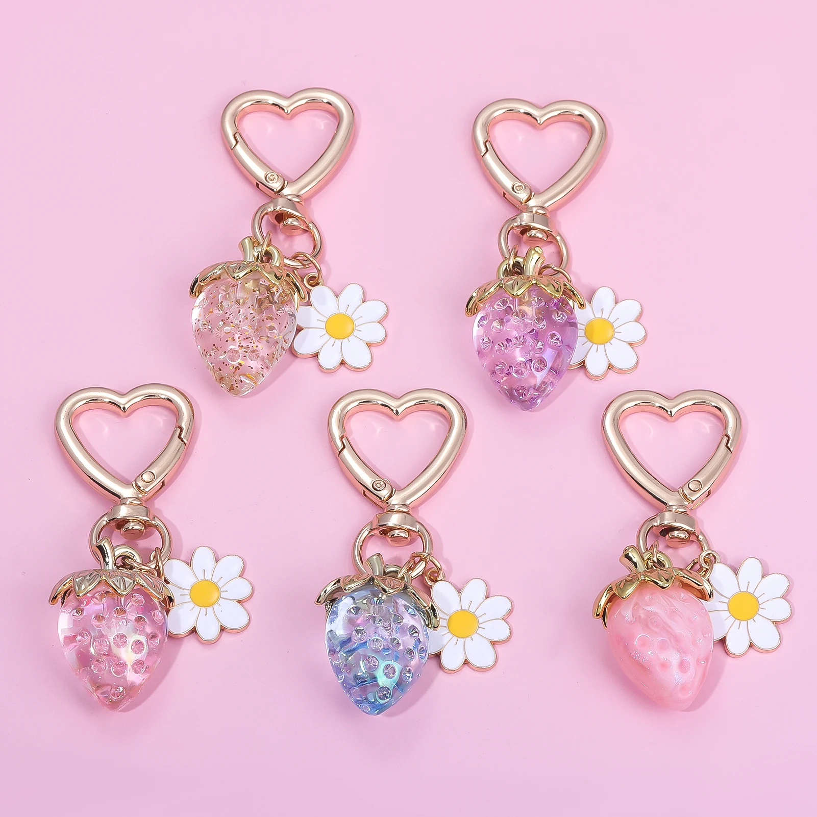 Cute Strawberry Bag Pendant Keychain Kawaii Heart Flower Daisy Key Chain for Women Girs Bag Purse Pendant Accessories Gift