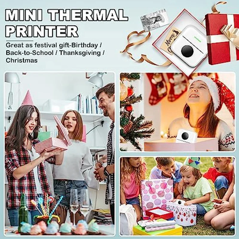 Impressora de Adesivos Inkless para Crianças e Amigos, Impressora Térmica, Impressora de Bolso Branco, Diário Fotográfico, 5 Rolos de Papel de Impressão