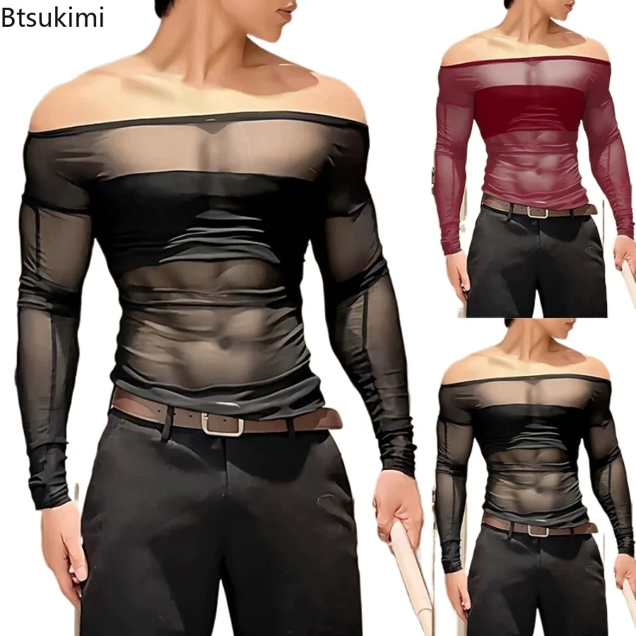 New Men's Sheer Mesh Off Shoulder T Shirt See Through Long Sleeve Slim Fit Muscle Tees Nightclub Party Wear Sexy Clubwear Tops