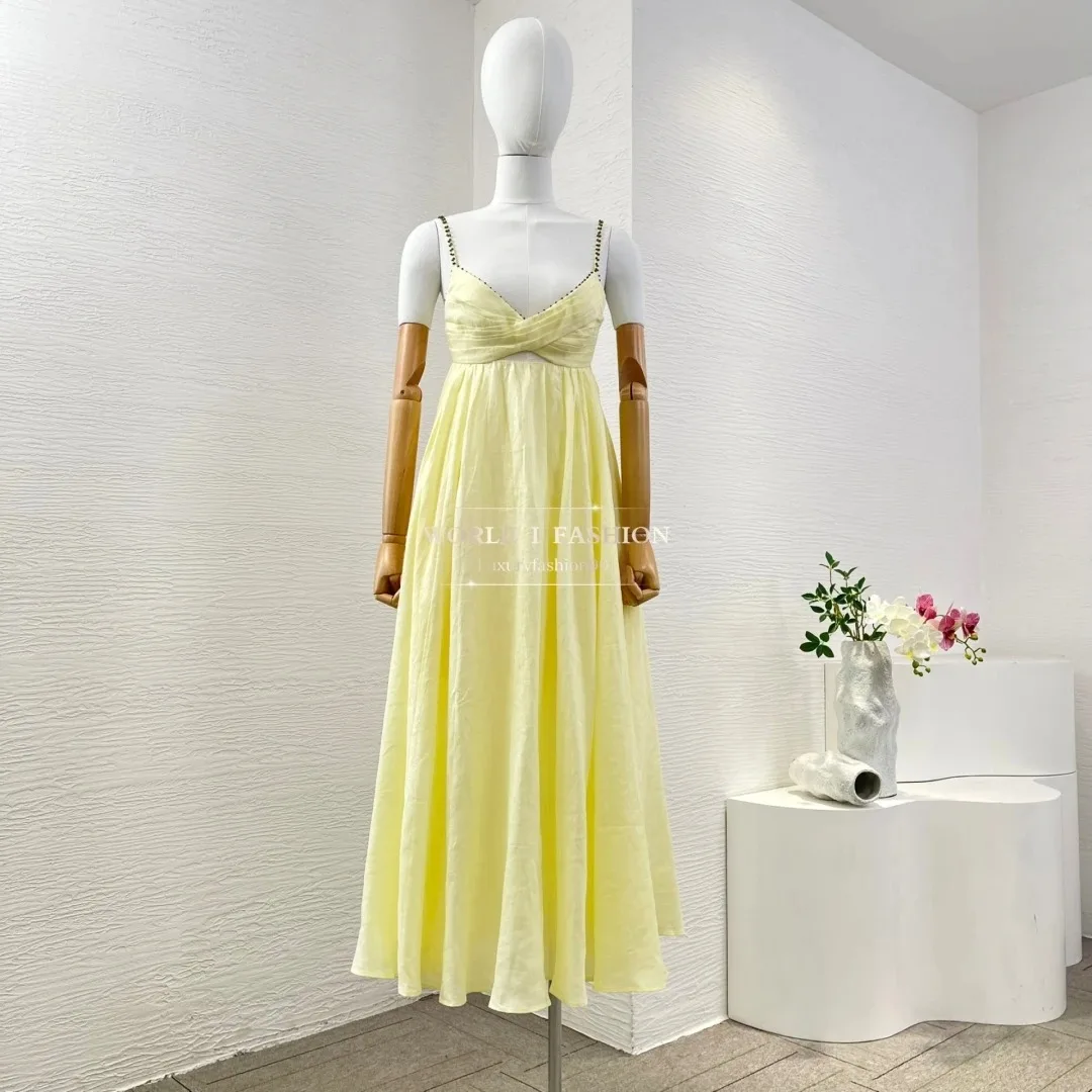 فستان متوسط الطول بدون أكمام بطبعة زهور بيج عالية الجودة للعطلات