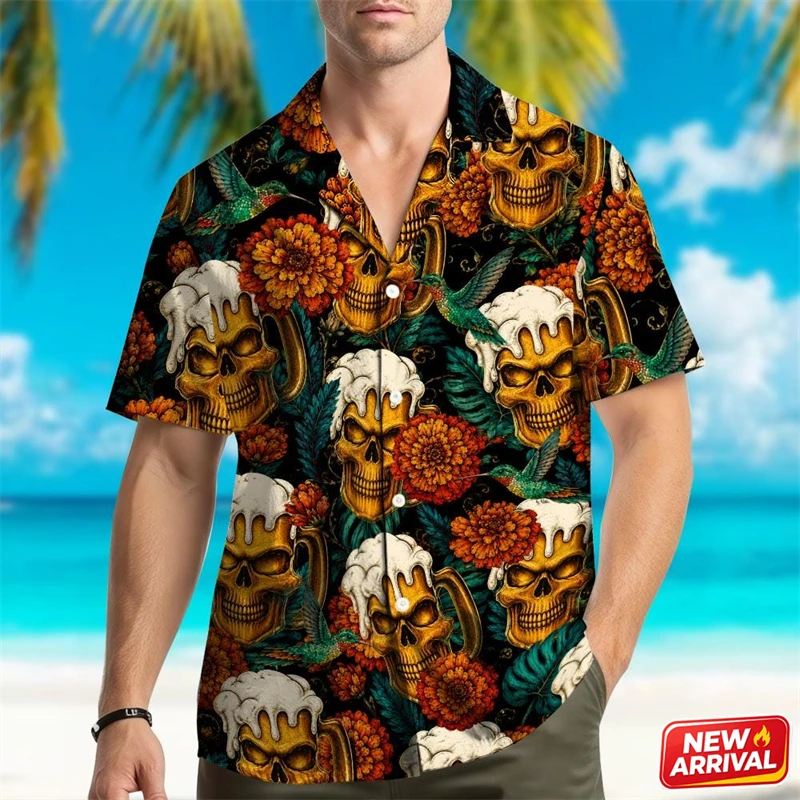 Newest Beer Skull Pattern Shirt For Men 3D Print Flower Graphic Button Lapel Short Sleeve Tee Casual Summer Loose Beach Shirt