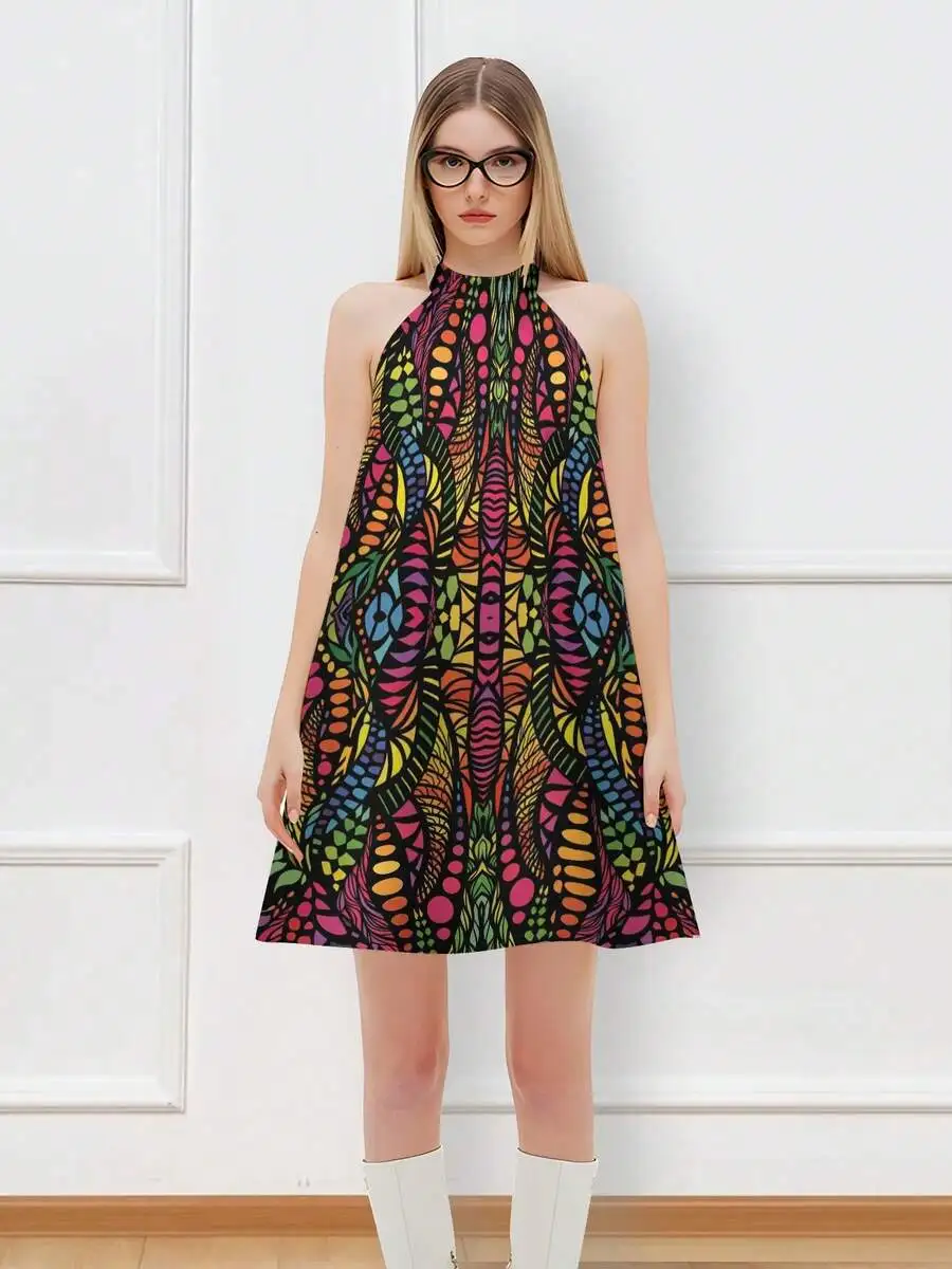 

Colorful Abstract Pattern Women Halter Neck Knit Dress Bohemian Casual Summer Outfit