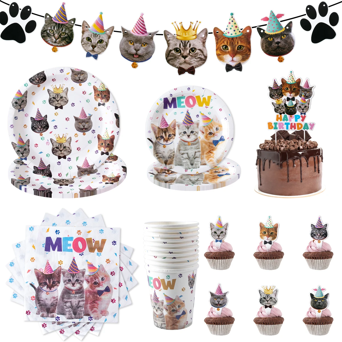 Pet Cats Birthday Party Decoration Paper Banner Plate Cup Cake Topper Disposable Tableware Set Kids Cats Theme Party Supplies