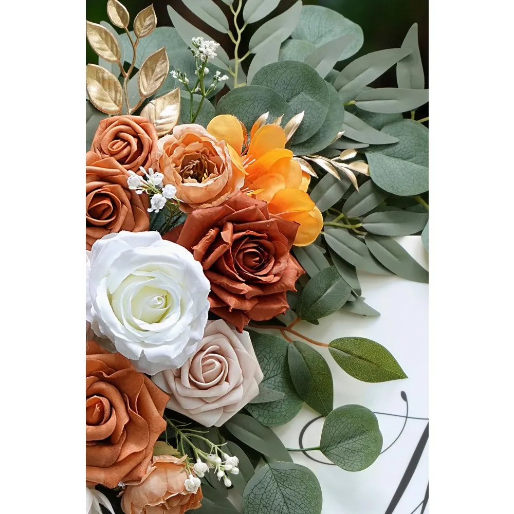 مجموعة غنيمة على شكل زهرة صناعية مكونة من 2 علامات ترحيب لحفلات الزفاف وزخارف زهور قوس الزفاف البرتقالية المحروقة لحفلات الزفاف