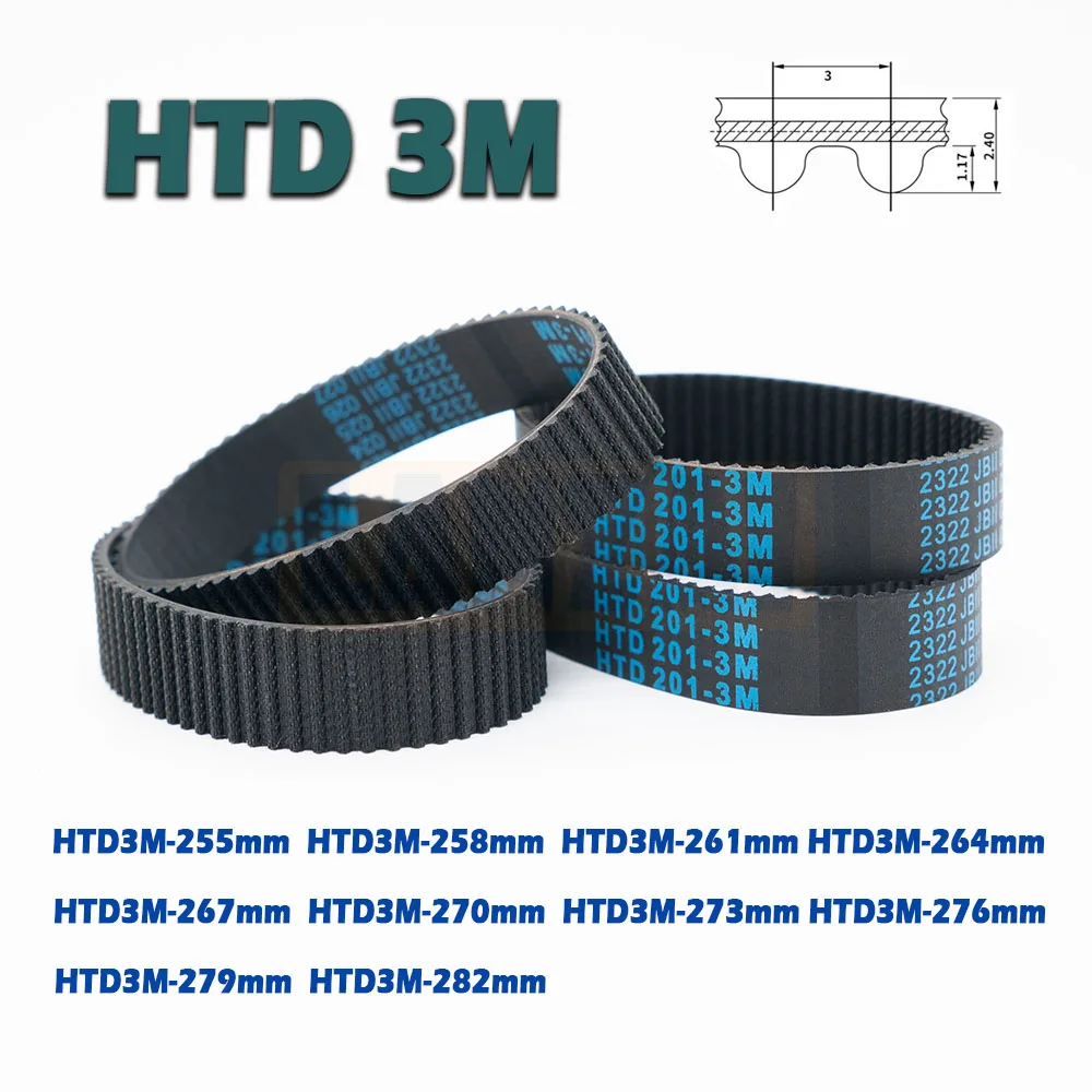 HTD3M Length 255~282mm Rubber Closed Loop Timing Belt  Width 6/10/15mm Drive CNC 255 258 261 264 267 270 273 276 279 282mm 3M