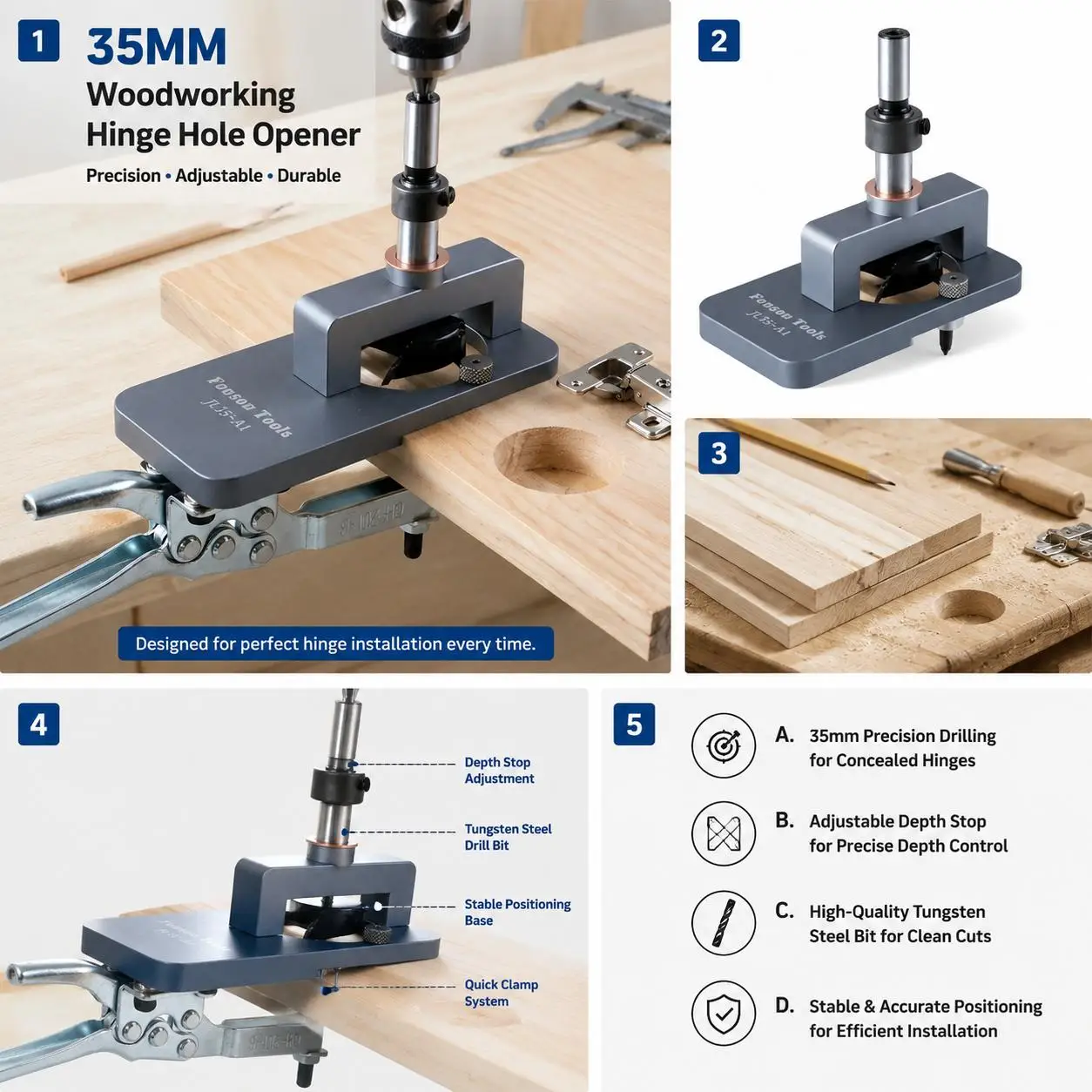 Adjustable Depth Woodworking Drill Guide Tungsten Steel Router Jig for Slotting Invisible Hinge DIY Furniture Tool Precision Drilling Jig for Cabinets and Woodworking Projects Ideal for Cabinet Making Home Improvement and Professional Workshop Use