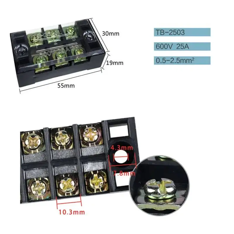 2pcs TB-2503 Fixed Screw Terminal Block Barrier 600V 25A 3P Wire Connector Cable Wiring Splice Terminales 3 Positions