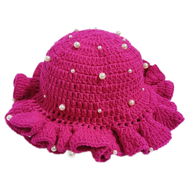 หมวกไหมพรมถักโครเชต์ขอบระบายลายสแกลลอปประดับมุก งานแฮนด์เมดสำหรับผู้หญิง แฟชั่นฤดูหนาว หมวกบีนนี่ถักไหมพรมสำหรับสาวๆ