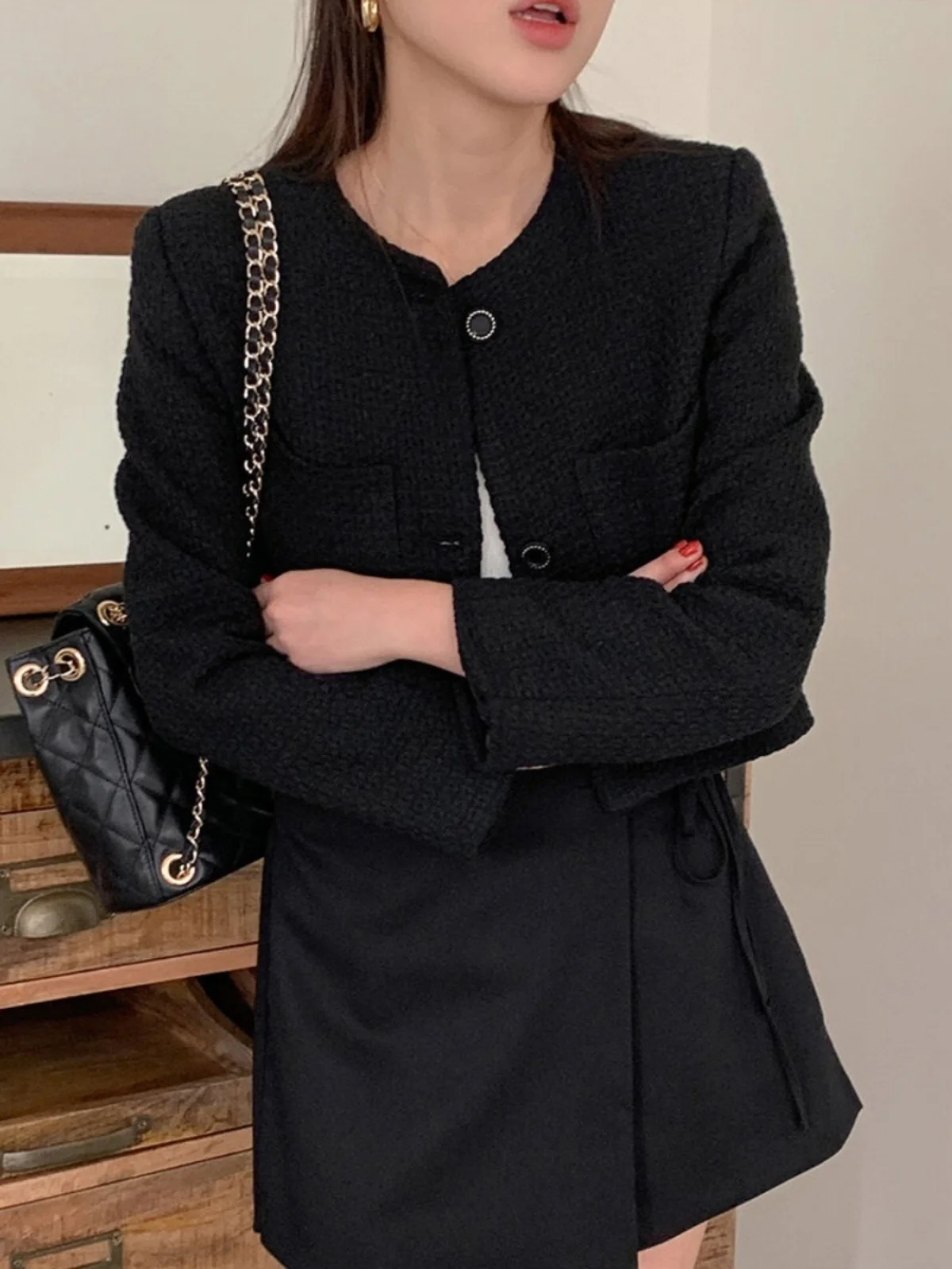 เสื้อโค้ทผู้หญิงสไตล์เกาหลี แขนยาว ทรงวินเทจ ติดกระดุม ผ้าโพลีเอสเตอร์ สำหรับใส่ทำงาน