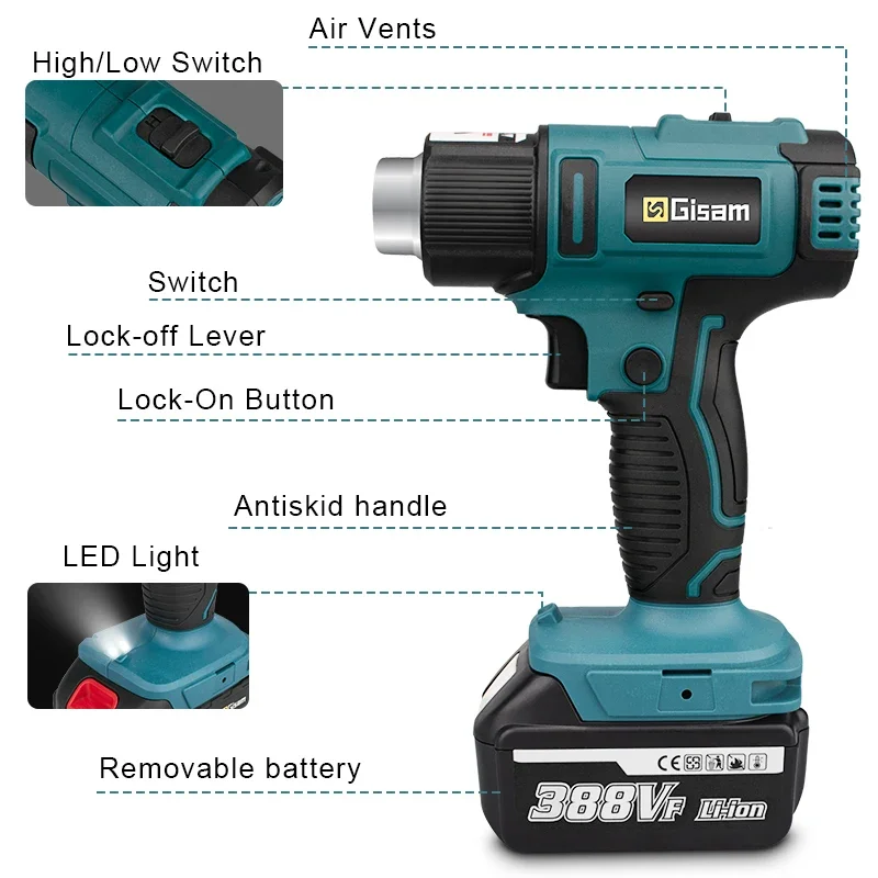 3000Mah Cordless Heat Gun Hot Air Gun 50-550℃ Rechargeable Heating Equipment + LED Light for 18V Makita Battery Thermal Gun Tool