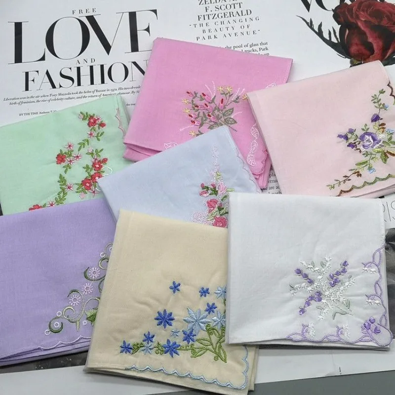 Embroidered Floral Handkerchief Towels Portable 40*40cm Pure Cotton Summer Hanky Elegant Fashion Soft Home Textile Women Daily