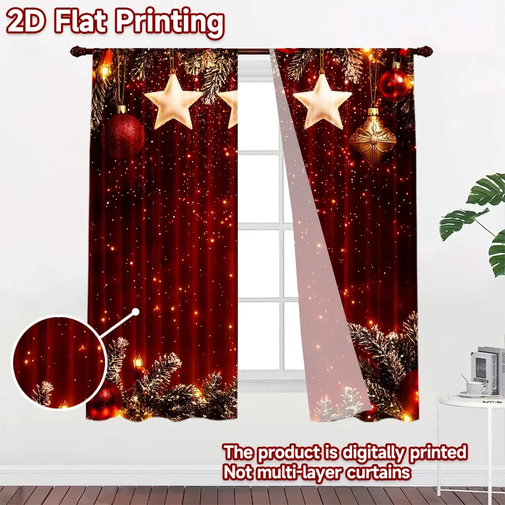 2D flat 2pcs Curtain Modern Minimalist Style Curtains Christmas Stars and Ornaments Digitally printed polyester Holiday
